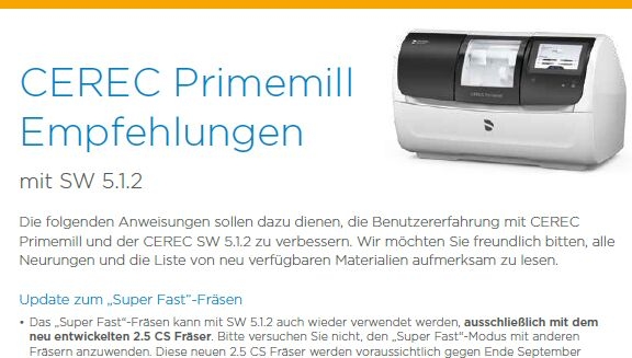 Bild: CEREC Primemill Empfehlungen mit SW 5.1.2