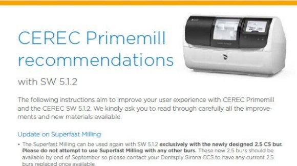 CEREC Primemill recommendactions with SW 5.1.2