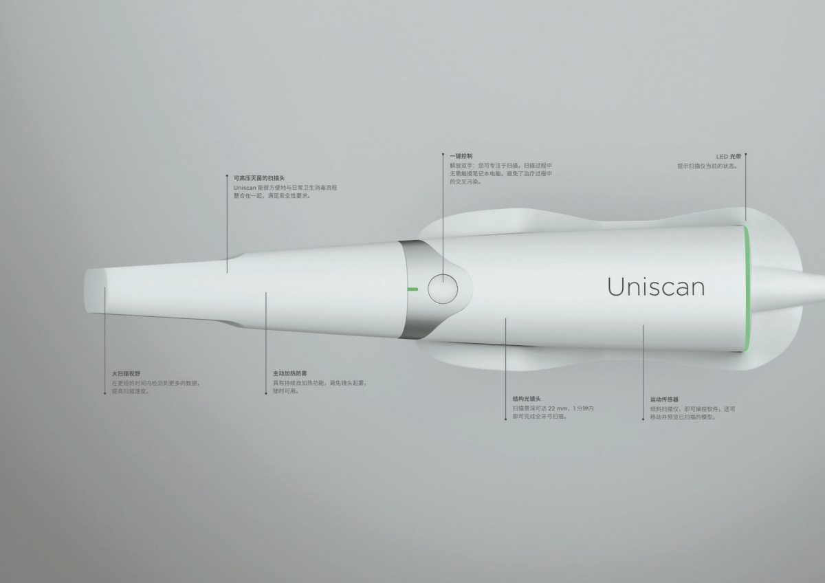 Uniscan: Large field of view, autoclavable sleeve, active heating, motion sensor, one-button control, scan depth